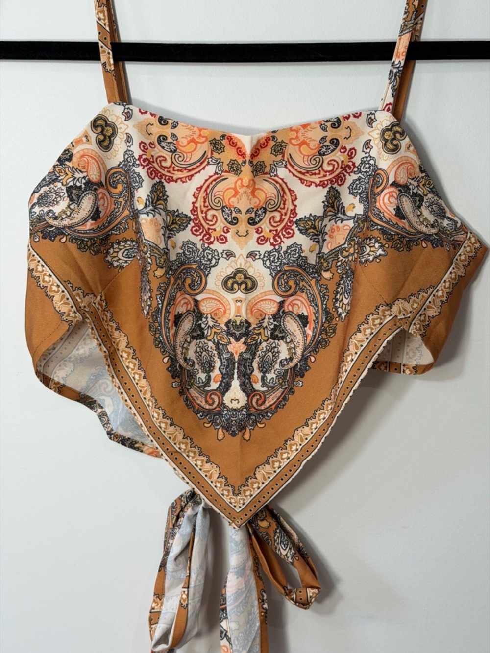 SHEIN Paisley Satin Tie-Front Camisole in Camel and Cream - Picture 2 of 4